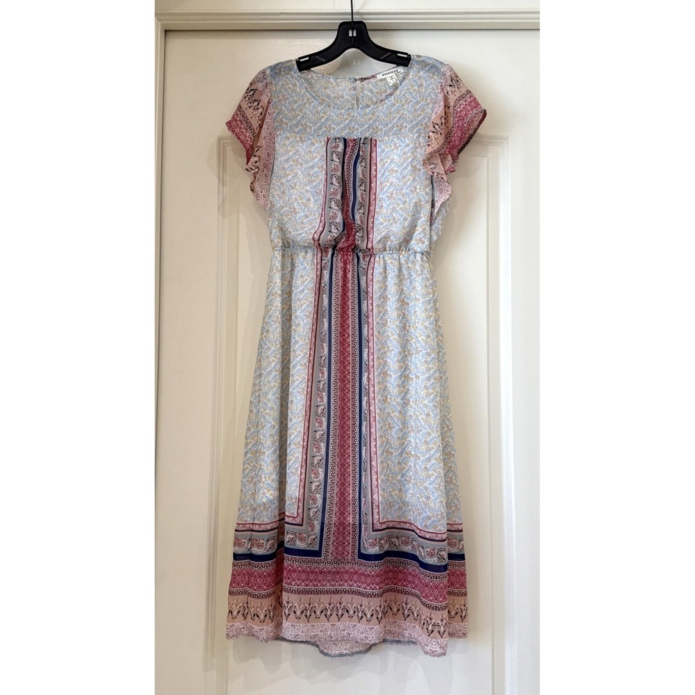 Monteau Blue‎ Size L Floral Shift Midi Flutter Sleeve Dress Preppy Boho Festival